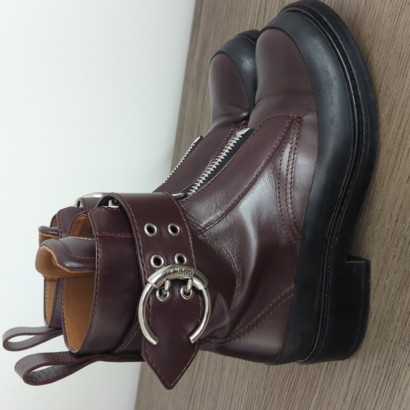 Chloe Women's Burgundy Leather Combat Boots 39.5 - Picture 4 of 7